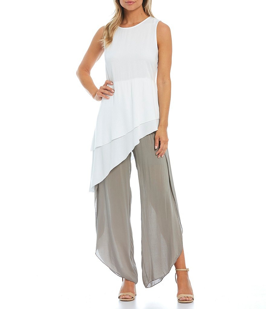 M Made in Italy Asymmetrical Hem Jewel Neck Sleeveless Viscose Top