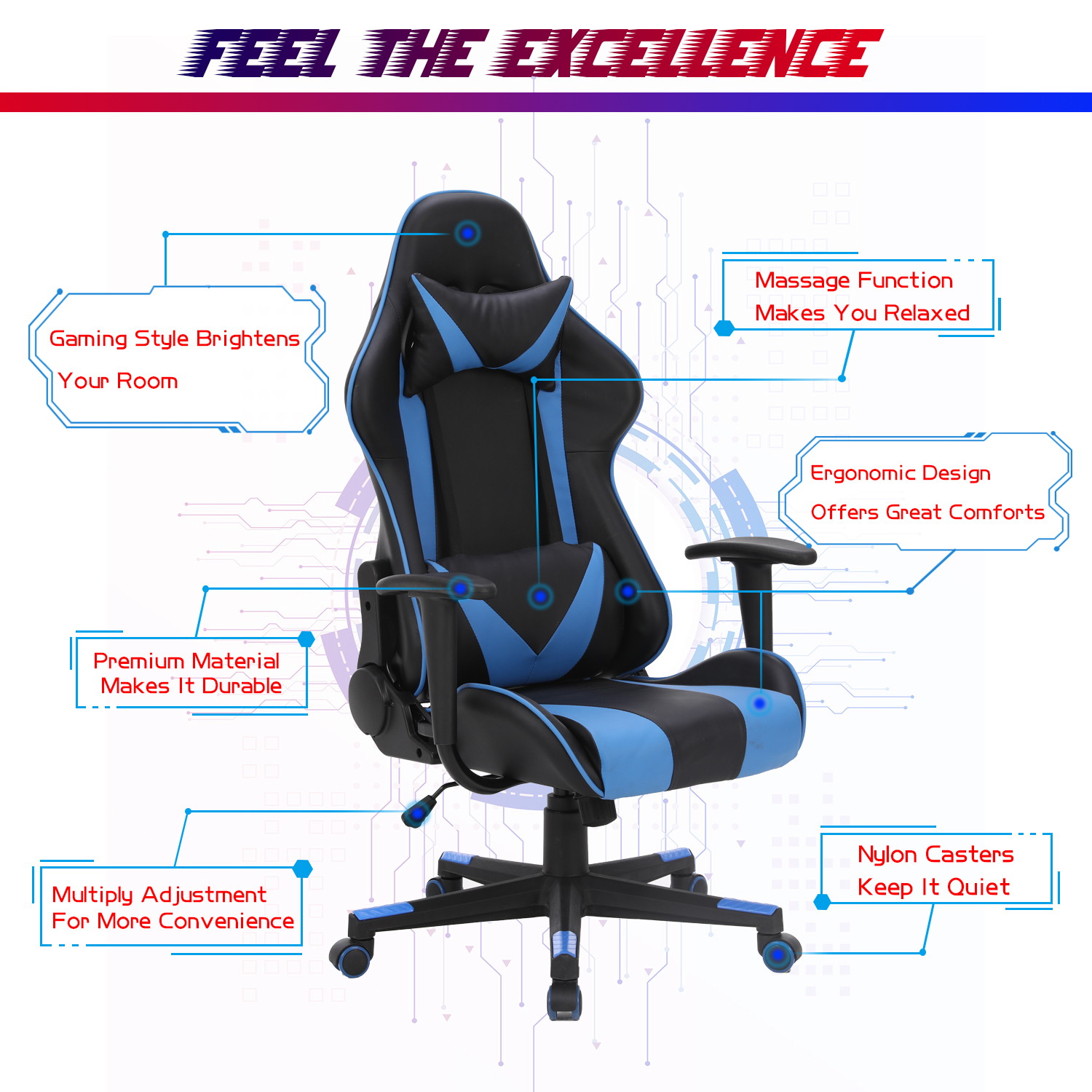 Racing Style Ergonomic Computer Gaming Chair Massage Chair with High-Back Swivel PU Leather, Seat Height Adjustable, and Lumbar & Head Support