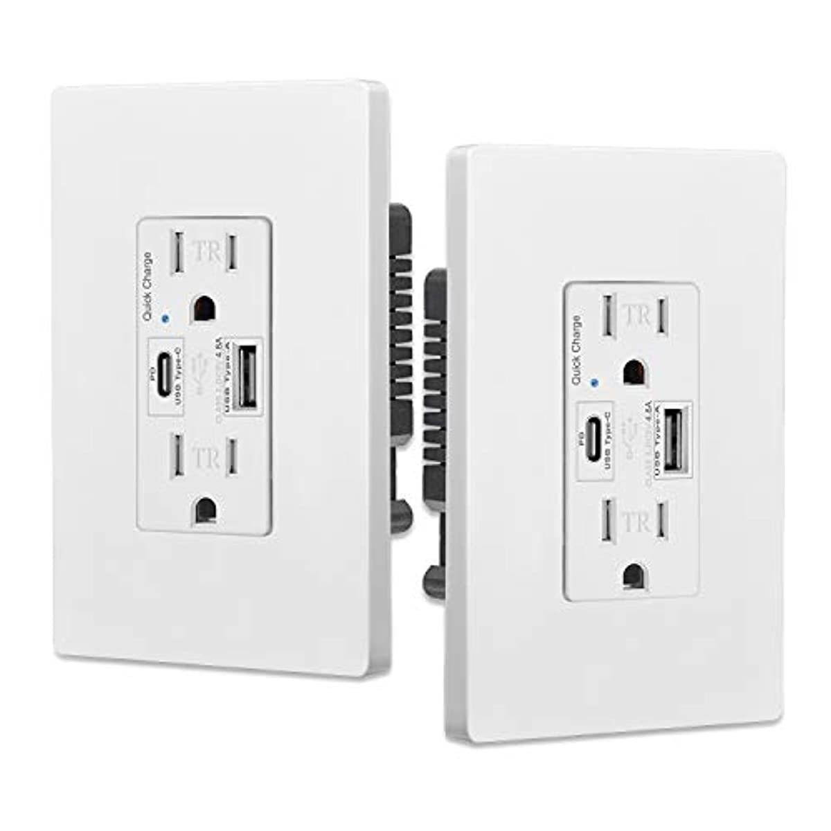 [2 Pack] 15 Amp BESTTEN USB Quick Charge Receptacle Outlet, Type C Supports PD & QC 3.0, 15A Tamper Resistant AC Outlets, Mid-Size Screwless Wallplate Included, UL Listed, White