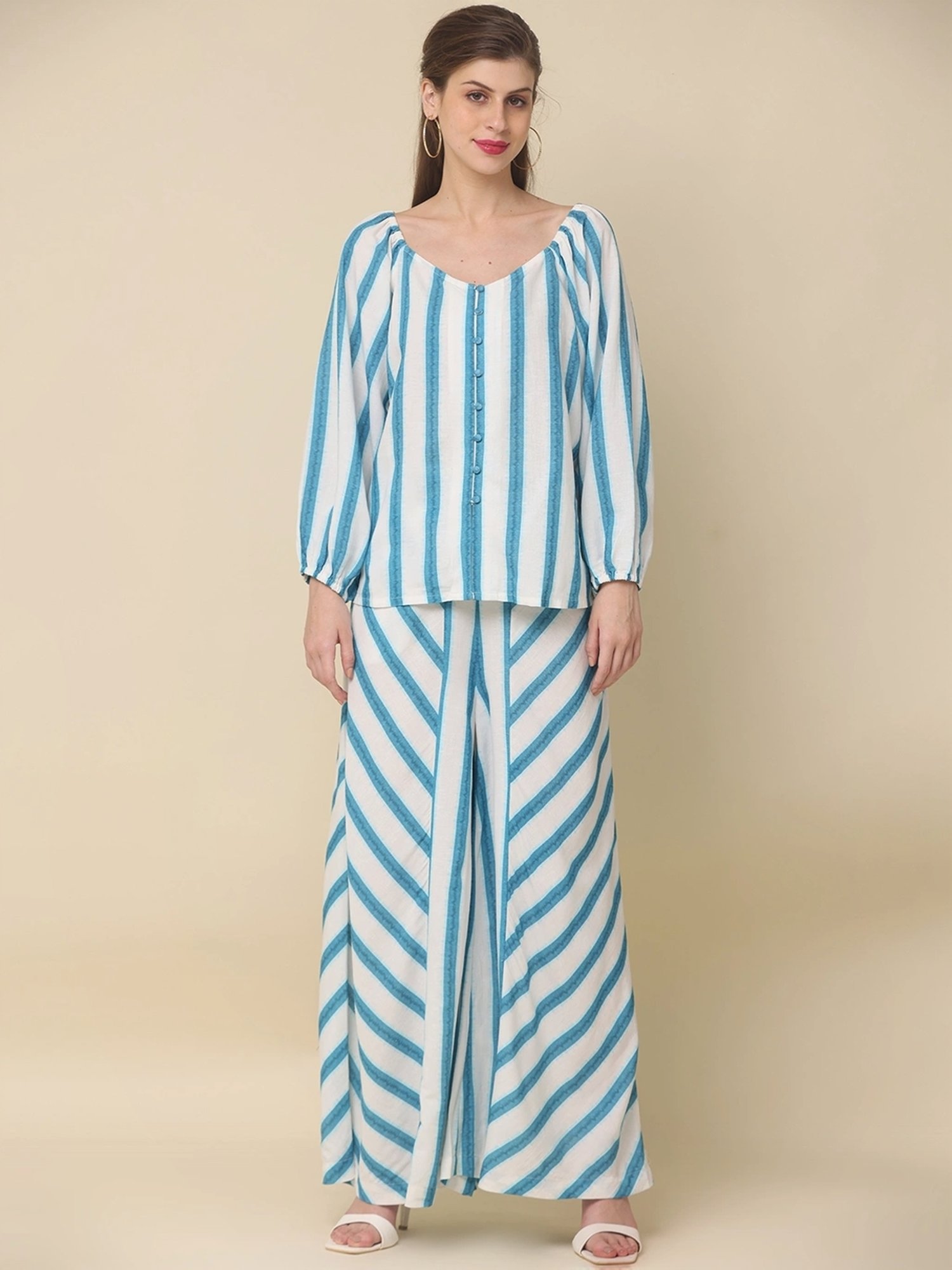 Zolo Label Blue & White Cotton Striped Top Palazzo Set