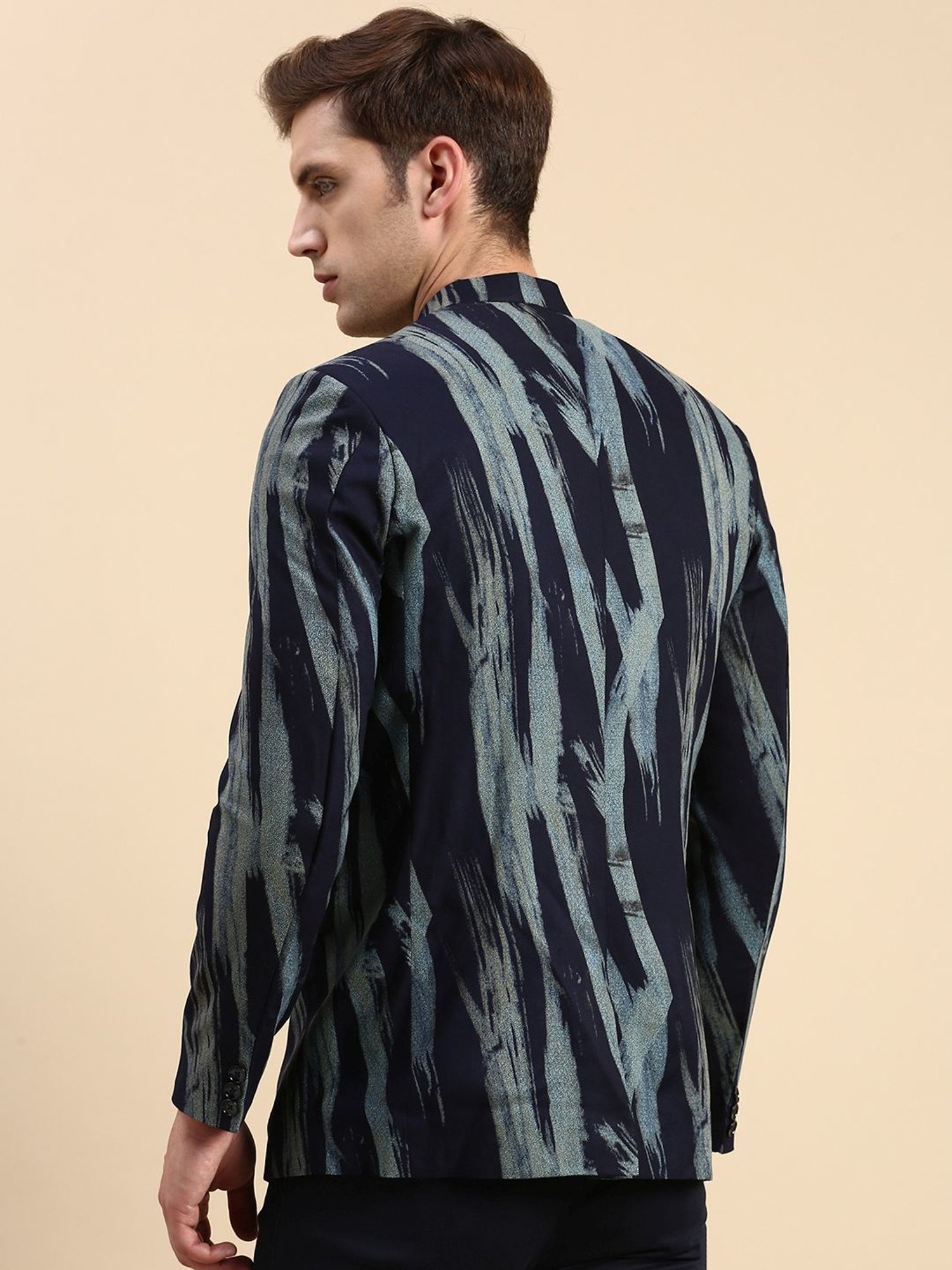 SHOWOFF Navy Blue Cotton Slim Fit Printed Blazer