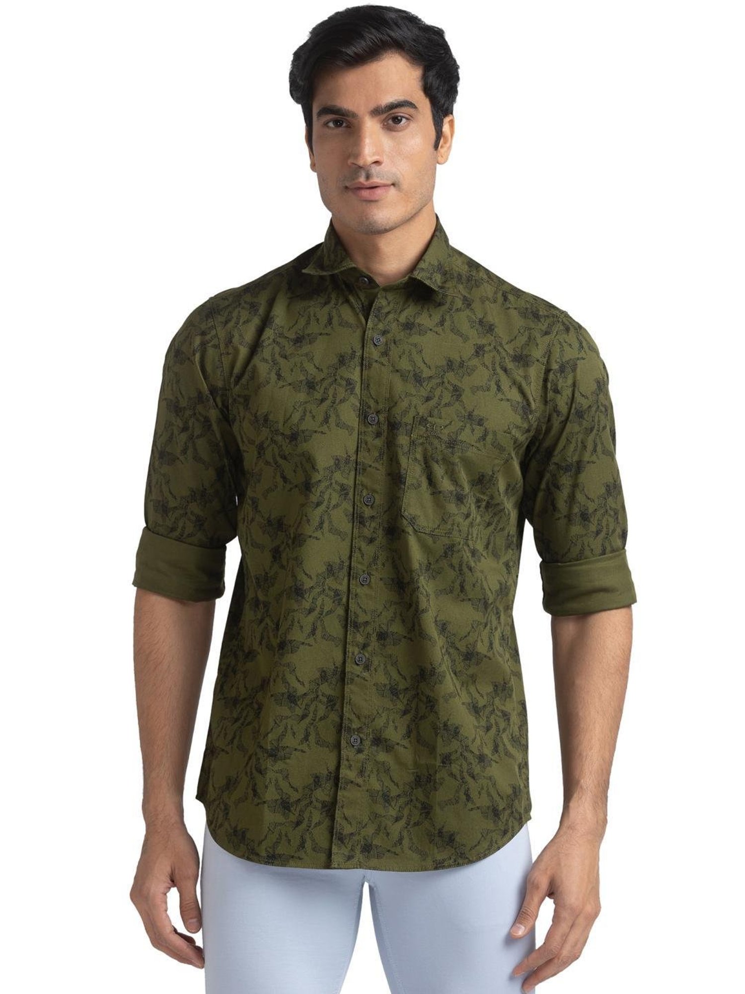 ColorPlus Green Pure Cotton Tailored Fit Printed Shirt
