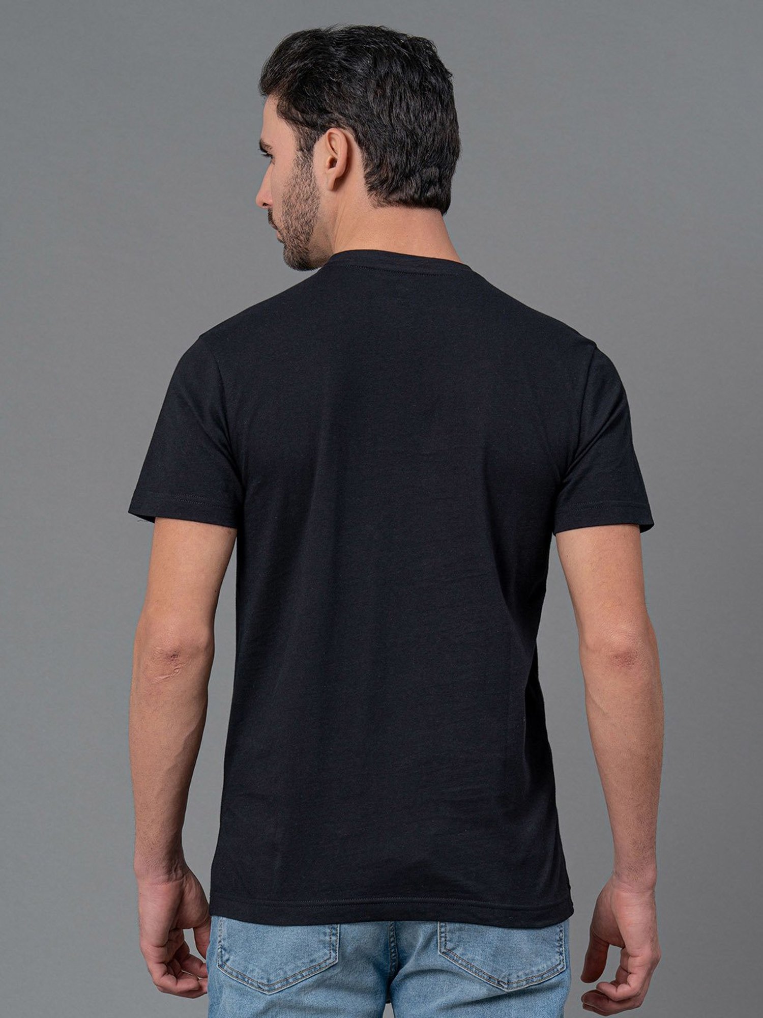 Red Tape Black Regular Fit Graphic Print Cotton Crew T-Shirt