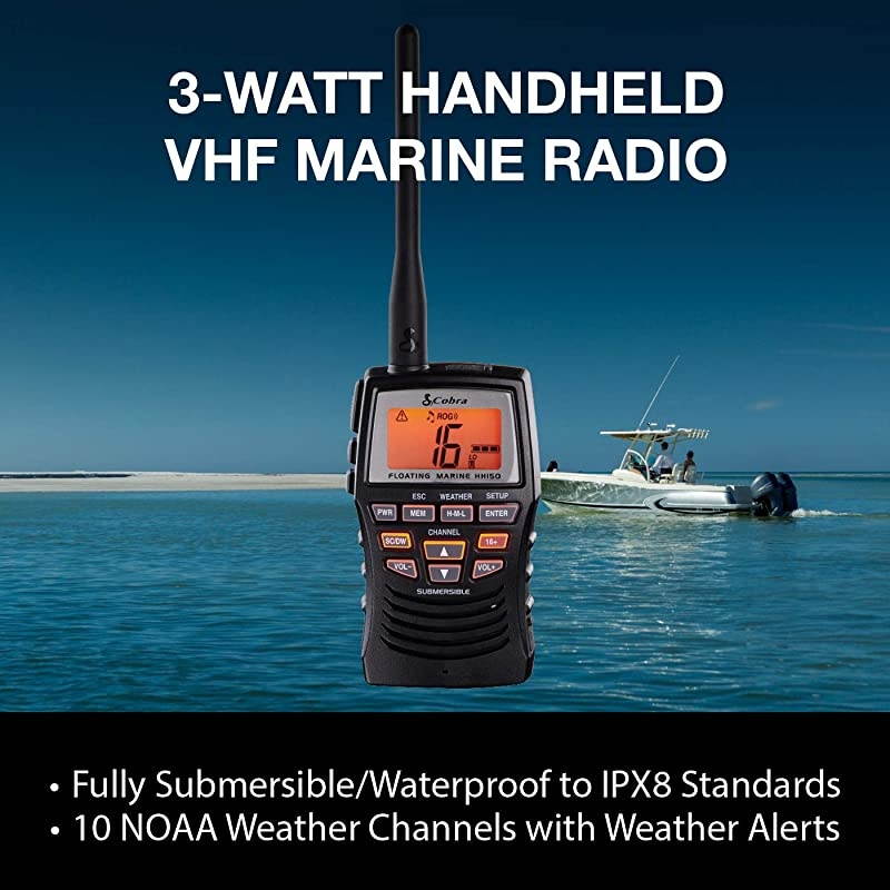 Marine Radio MR HH150 FLT 3 Watt Floating Long Range Handheld VHF Radio NOAA International Waterproof Submersible Weather Alerts LCD Screen Belt Clip