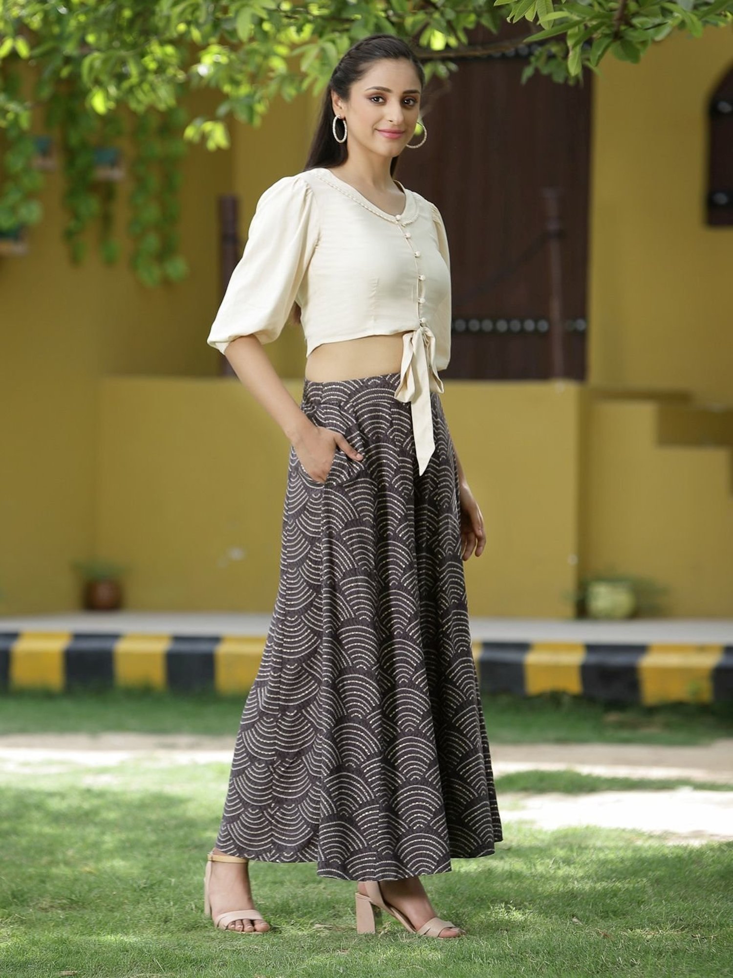 Juniper Off-White Solid Rayon Crop Top with Buttons & Lace Work