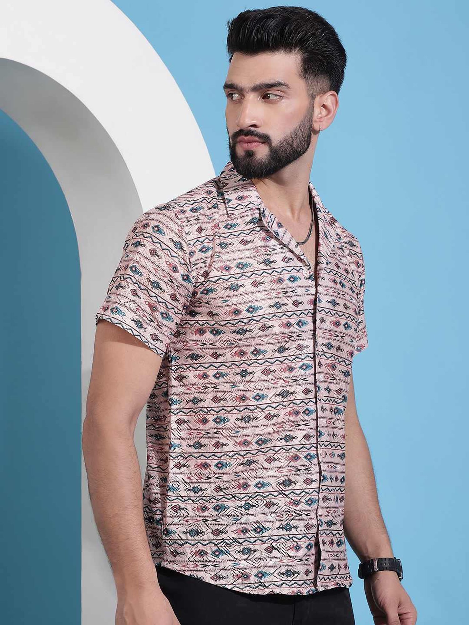 Indian Needle Peach Regular Fit Printed Shirt