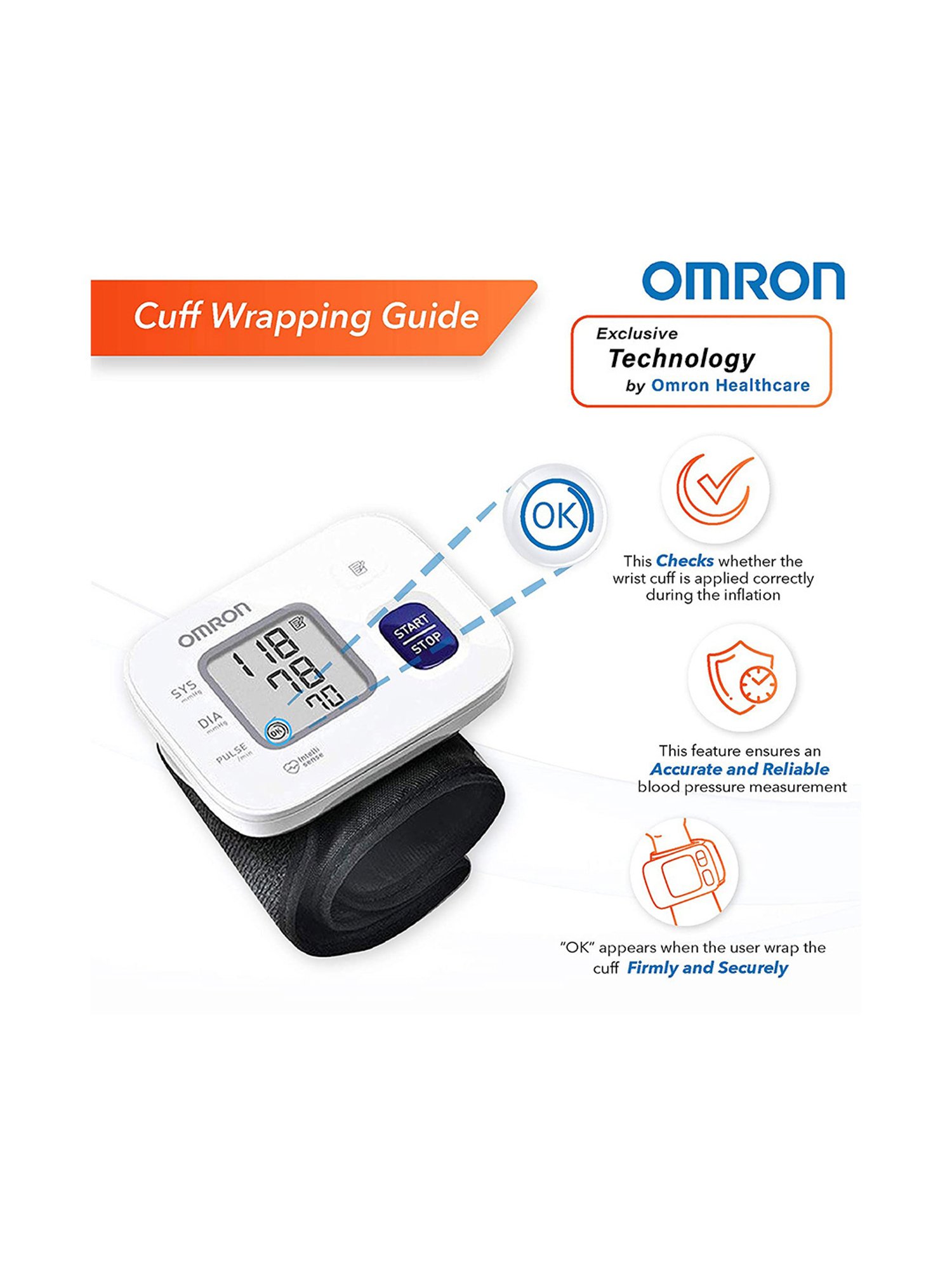 Omron HEM-6161 Fully Automatic Wrist Blood Pressure Monitor with Intellisense Technology (White)