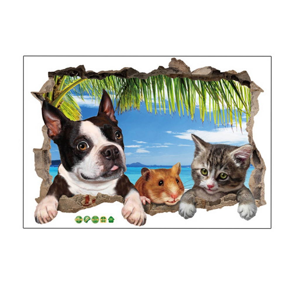 3D Broken Wall Window Sticker French Cat Mouse Children Room Bedroom Cute Animal Wall Stickers
