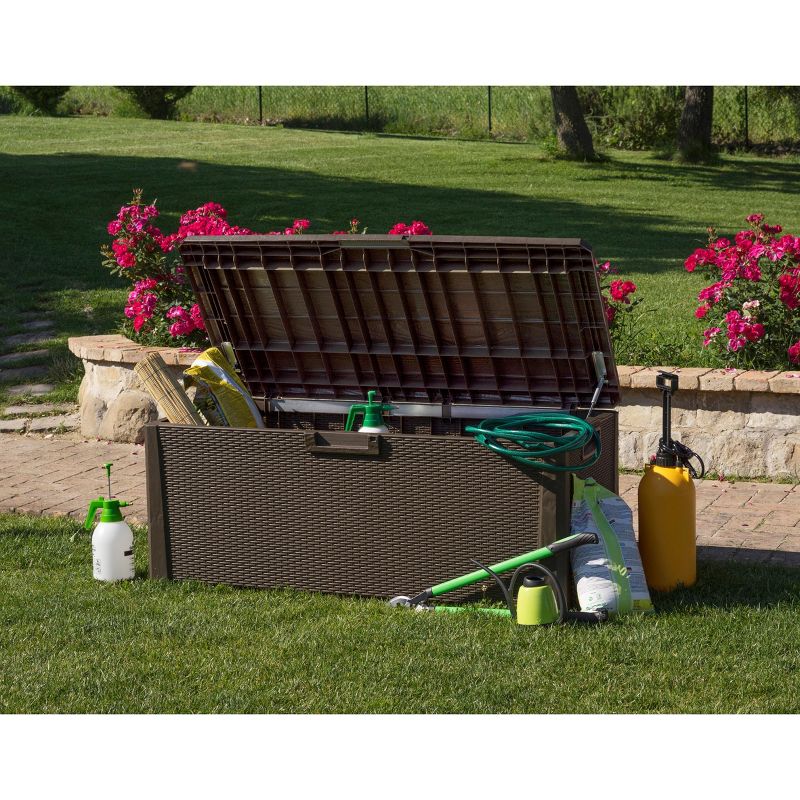 Toomax Santorini Plus Lockable Deck Storage Box Bench for Outdoor Pool Patio Garden Furniture & Indoor Toy Bin Container, 145 Gallon (Brown)