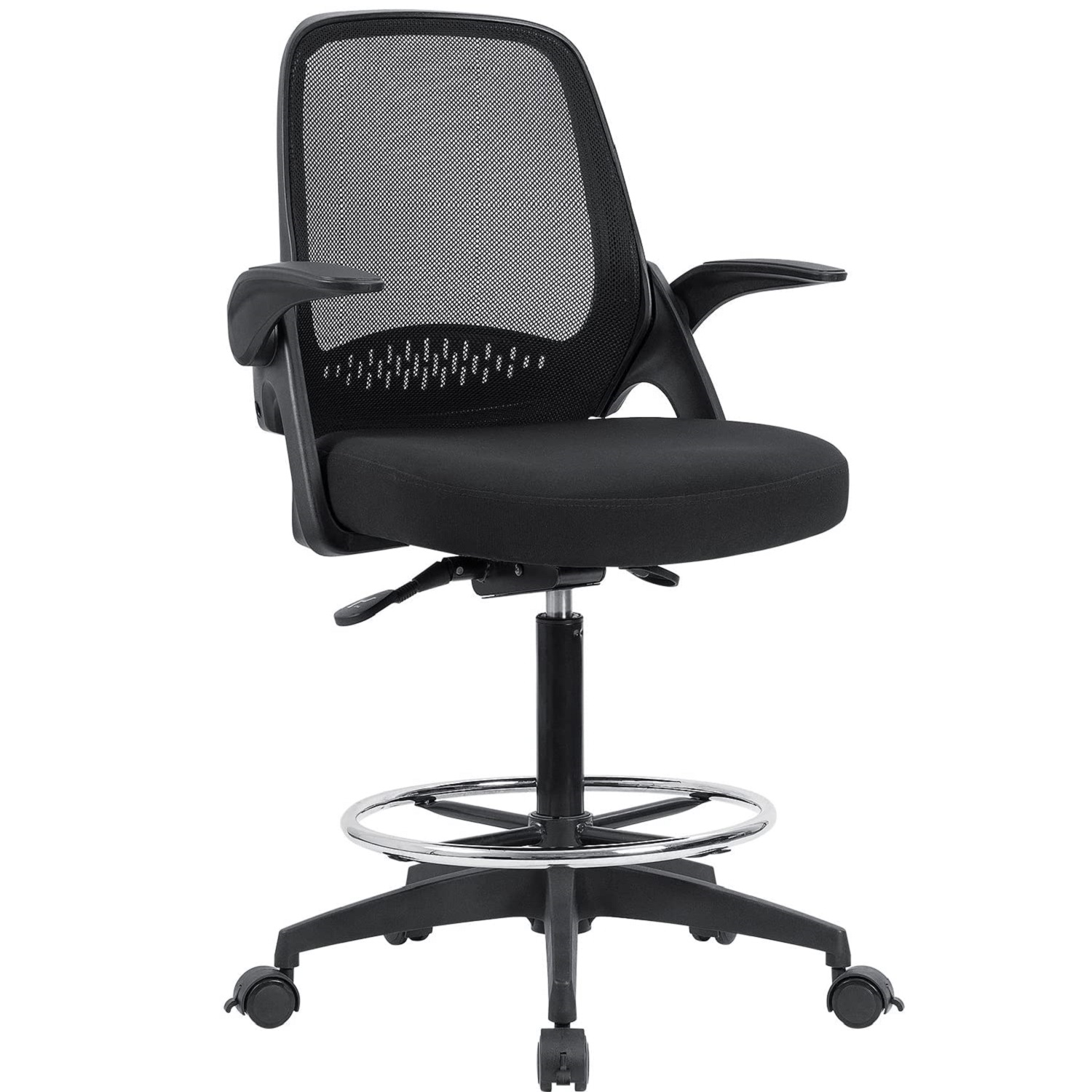 Devoko Drafting Chair with Flip-up Arms Tall Office Chair Executive Computer Standing Desk Chair with Lockable Wheel and Adjustable Footrest Ring (Black)