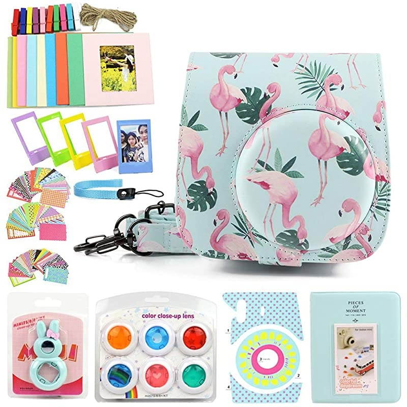 Accessories kit for Fujifilm Instax Mini 9 8 Instant Kids Camera with Blue Flamingo Custom Case + Accessories Bundle, Color Filters, Photo Album, Assorted Frames, Selfie Lens + More