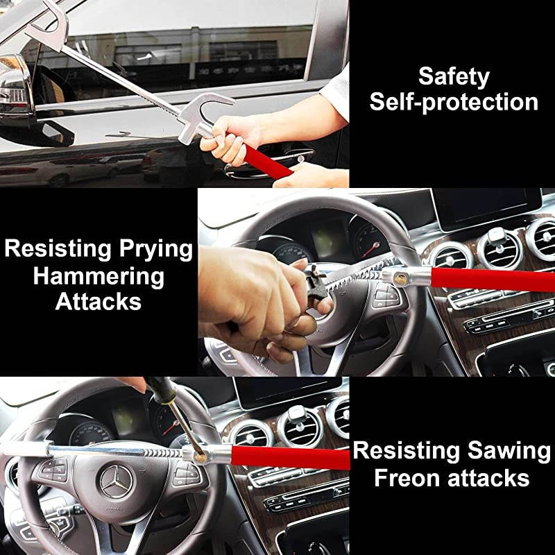 Steering Wheel Lock for Cars,Wheel Lock,Vehicle Anti-Theft Lock,Adjustable Length Clamp Double Hook Universal Fit Emergency Hammer Window Breaker Self Defense Heavy Duty Secure (Red)