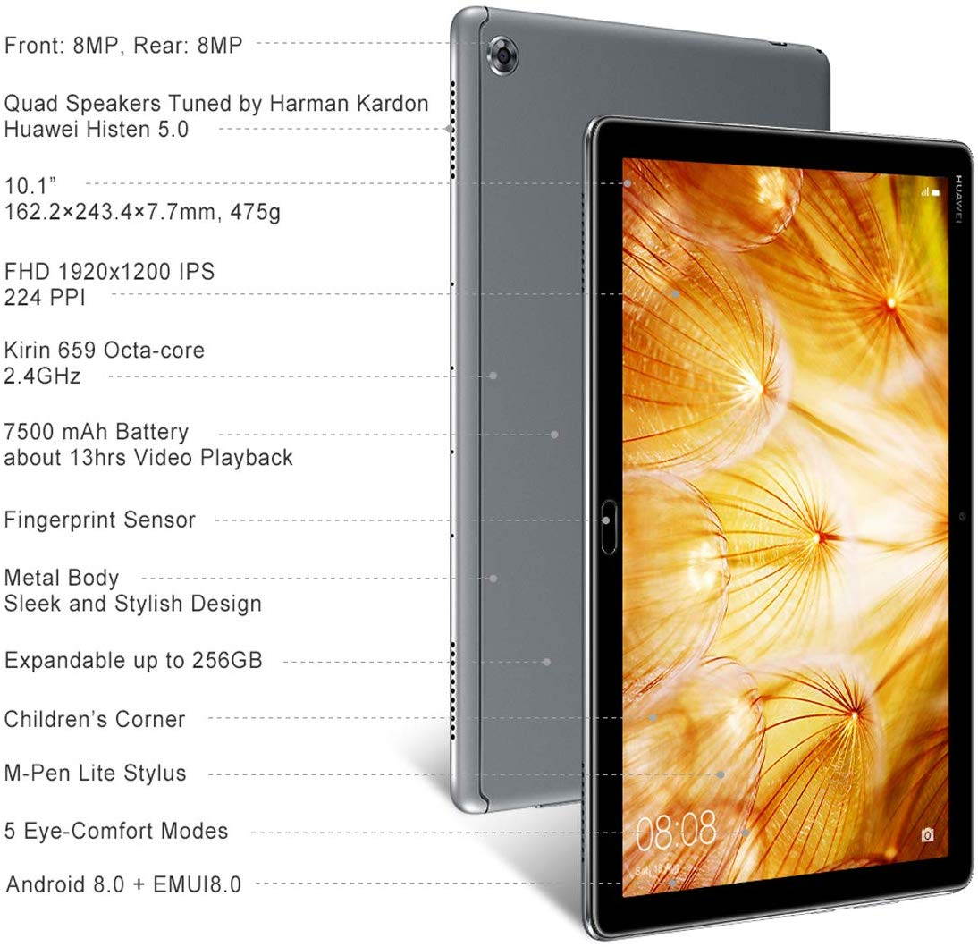 Original Huawei MediaPad M5 Lite Tablet with 10.1" FHD Display, Octa Core, Quick Charge, Quad Harman Kardon-Tuned Speakers, WiFi Only, 4GB+128GB Global Rom Version(US Warranty)