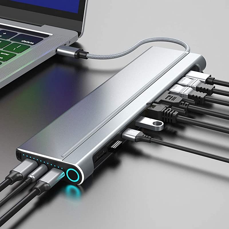 Dual Monitor USB C Laptop Docking Station with Power OnOff ButtonDual HDMI and DisplayPort and VGA Outputs Gigabit Ethernet SDTF Slots2 Female Type C Ports 3 USB A Ports