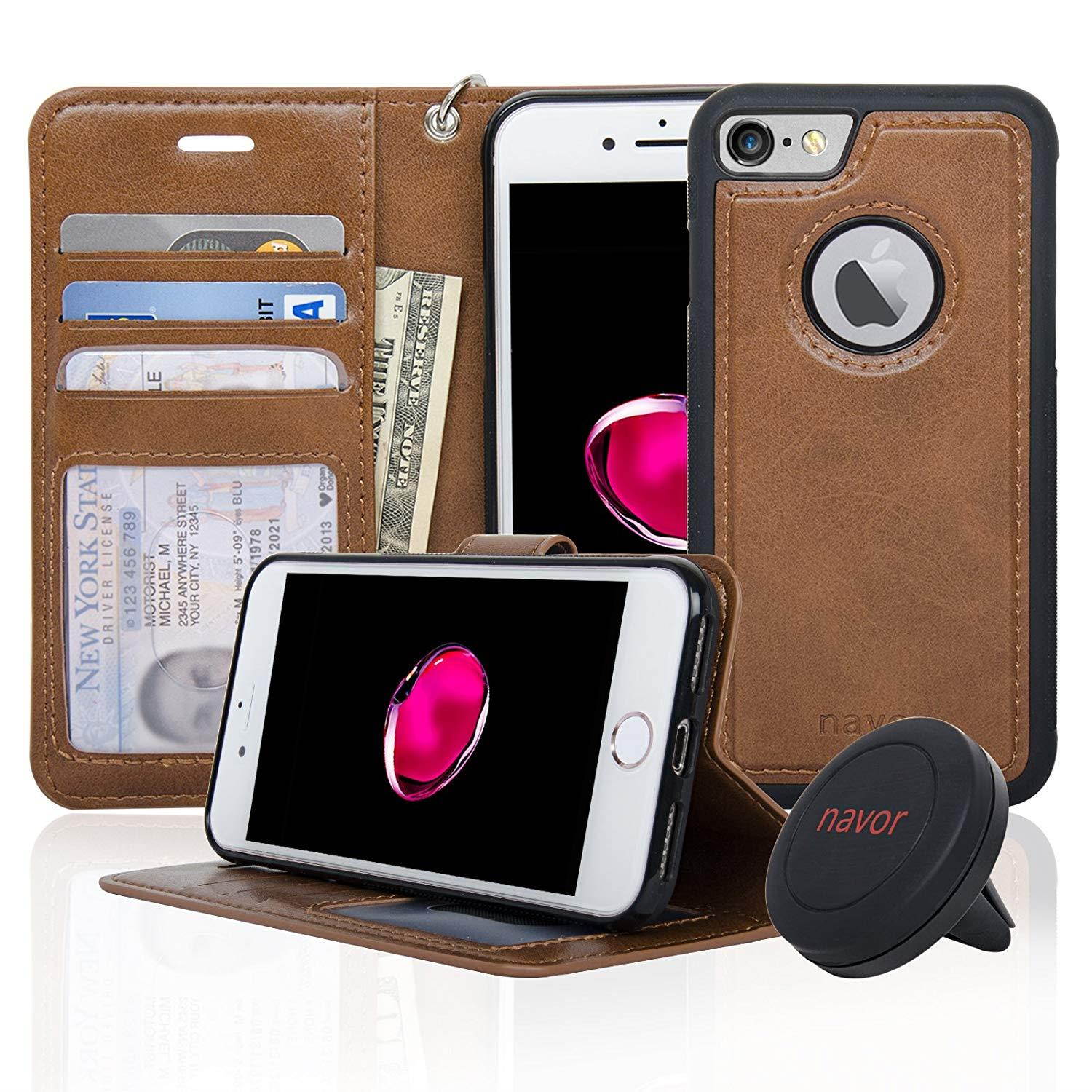 Navor Detachable Magnetic Wallet Case & Universal Car Mount Compatible for iPhone 7 & 8 [RFID Theft Protection] JOOT-1L Series - Brown