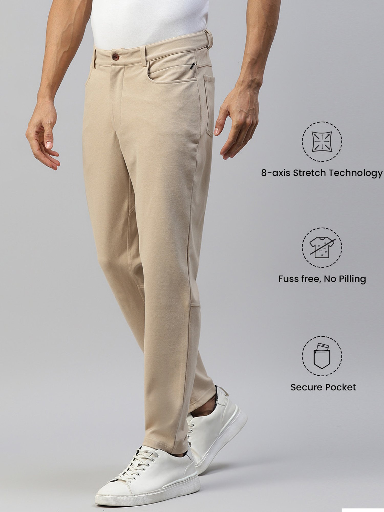 Slowave Beige Regular Fit Flat Front Trousers