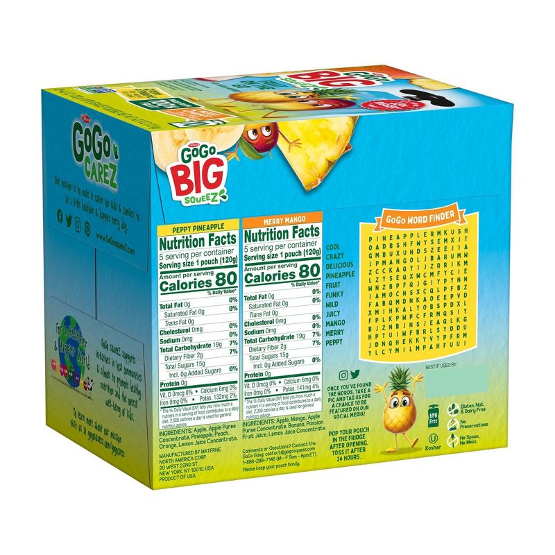 GoGo SqueeZ Big Variety Pack Apple Mango Banana Passfruit Pineapple Peach - 42.3oz/10ct