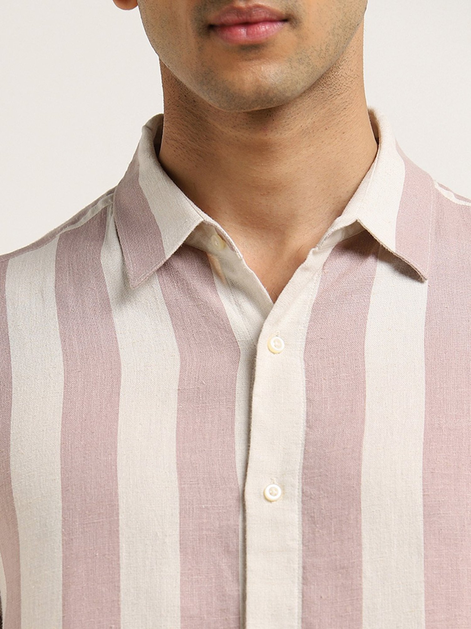 Ascot by Westside Dusty Pink Striped Relaxed-Fit Blended Linen Shirt