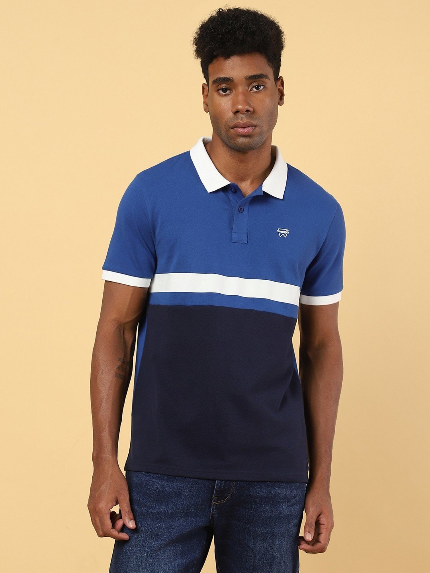 Wrangler Blue Cotton Regular Fit Colour Block Polo T-Shirt