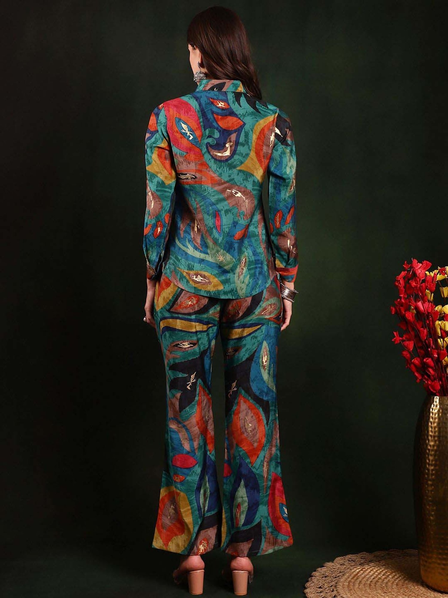 Claura Green Printed Shirt Pant Set