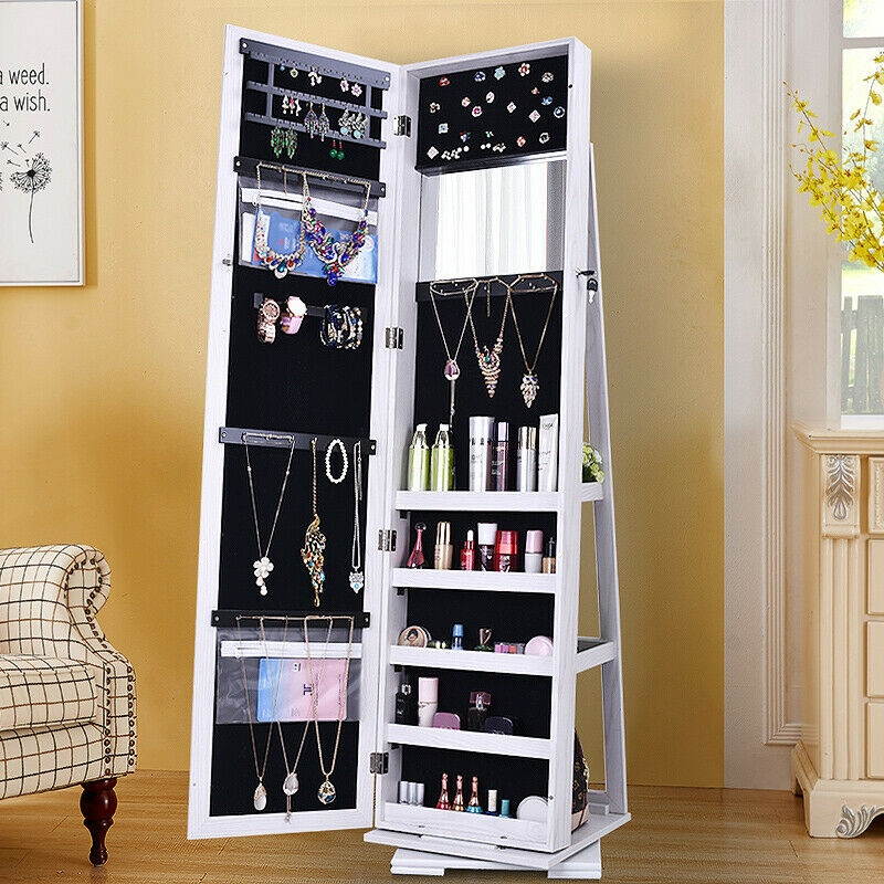 New Floor Mirror Jewelry Cabinet Armoire 360&deg; Rotate Lockable w/ extra storage