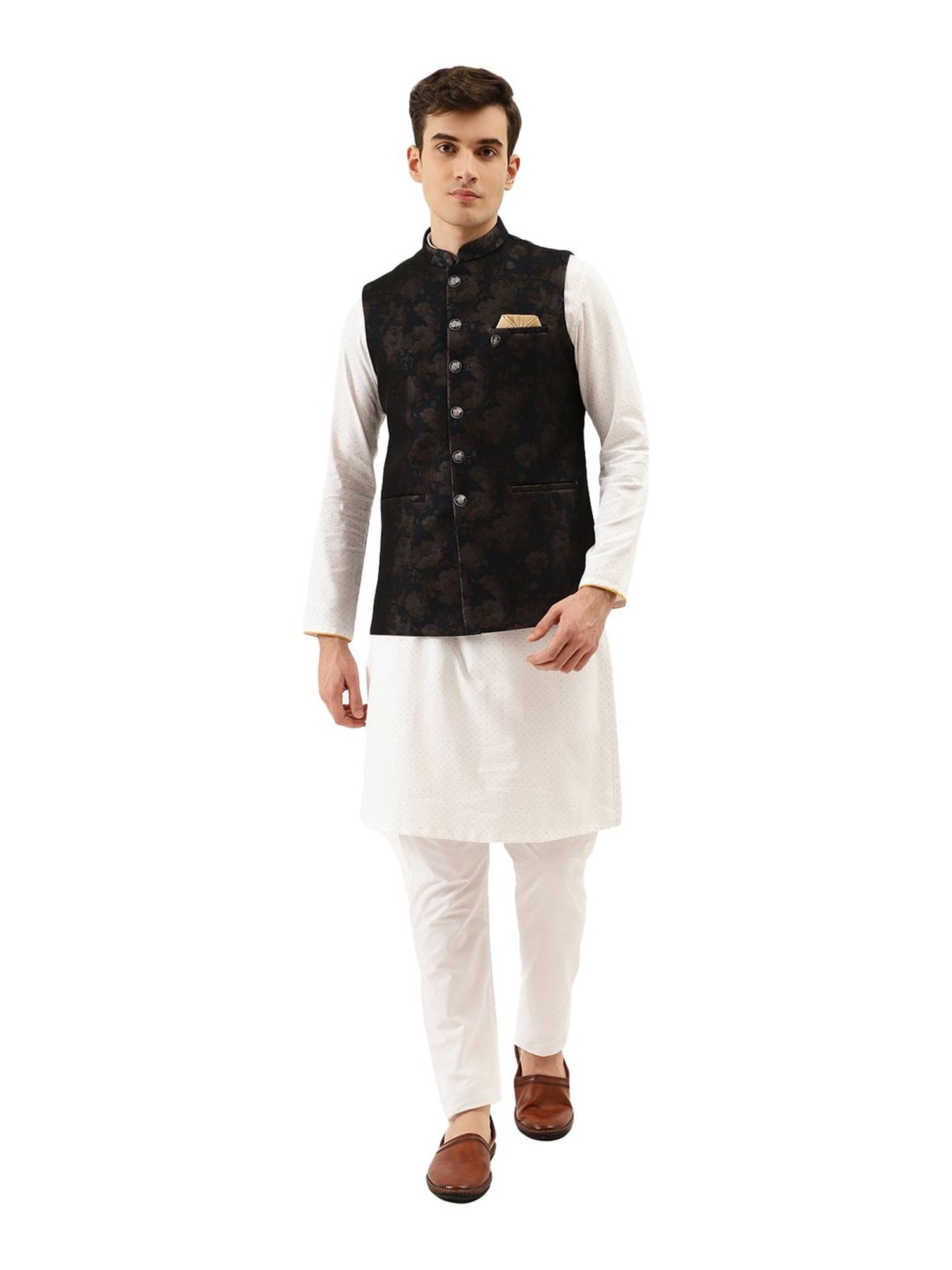 Manyavar Navy Regular Fit Floral Print Nehru Jacket