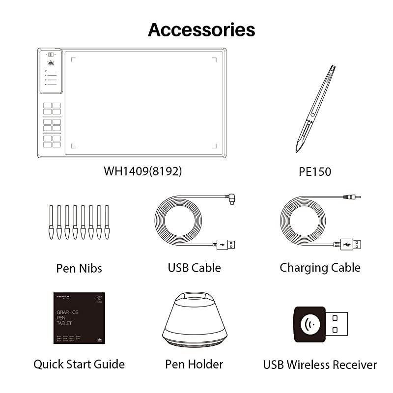 WH1409 Wireless Graphics Pen Drawing Tablet with 12 Express Keys and 8192 Pressure Sensitivity