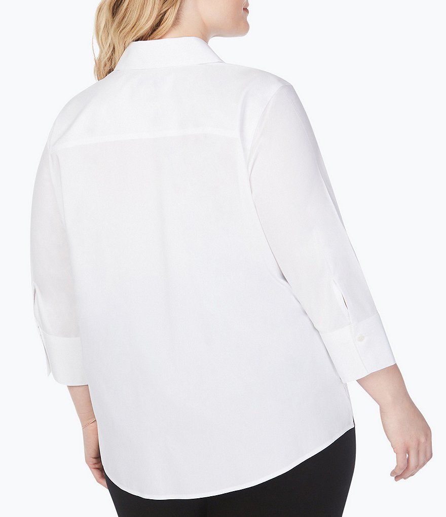 Foxcroft Plus Size Mary Point Collar 3/4 Sleeve Solid Stretch Shirt
