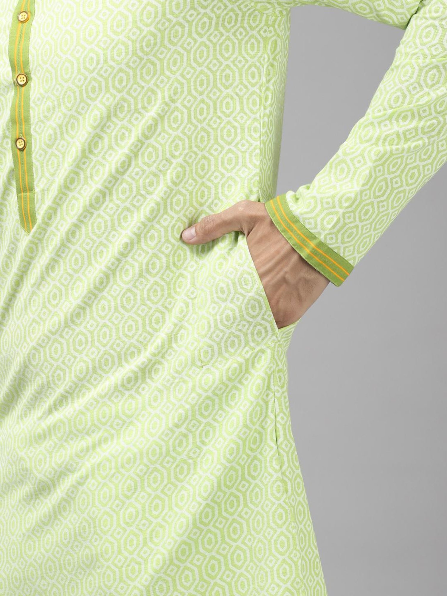 See Designs Lime Green & White Cotton Regular Fit Printed Kurta Bottom Set