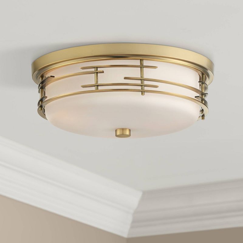 Franklin Iron Works Modern Ceiling Light Flush Mount Fixture Soft Gold 14" Wide White Glass Drum for Bedroom Kitchen Living Room