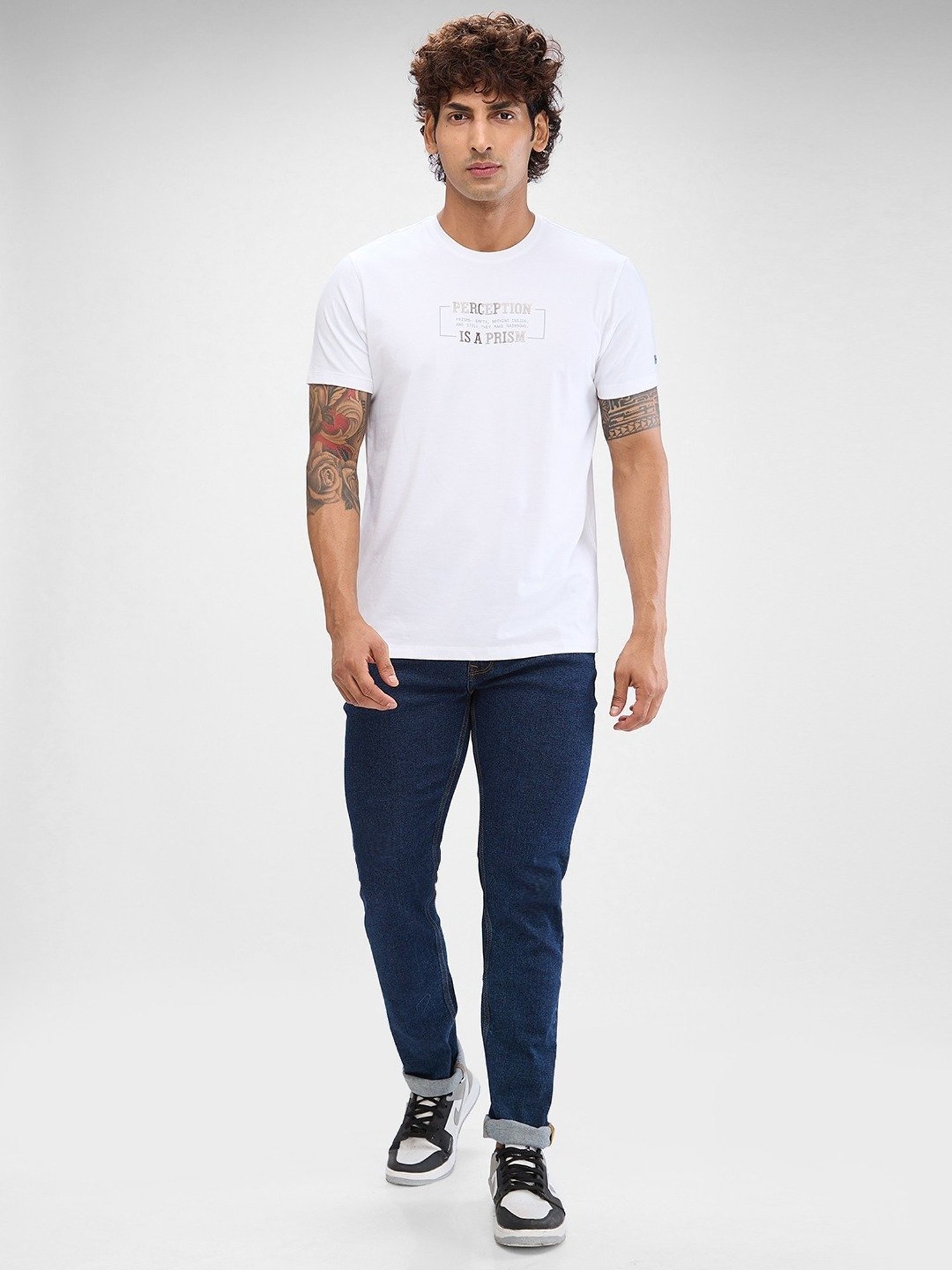 Spykar White Slim Fit Printed T-Shirt
