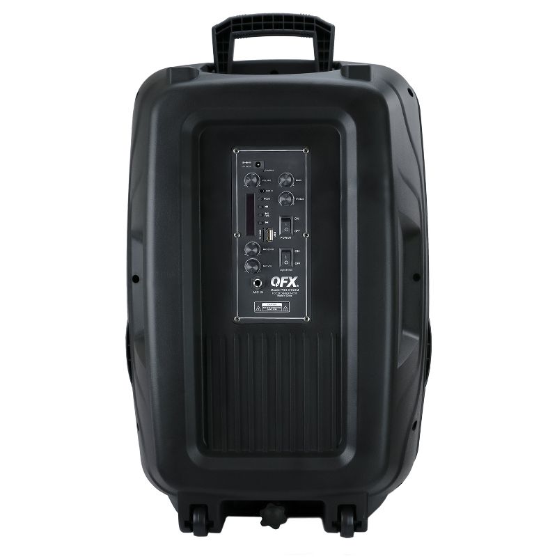QFX PBX-615SM 15 Inch Rechargeable Bluetooth Portable Party Speaker System with LED Lights, Microphone, Stand, and Remote Control