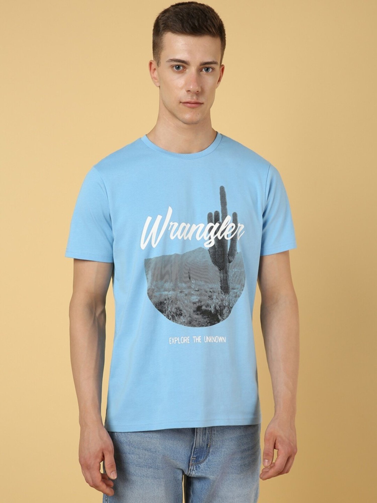 Wrangler Alaskan Blue Cotton Regular Fit Printed T-Shirt