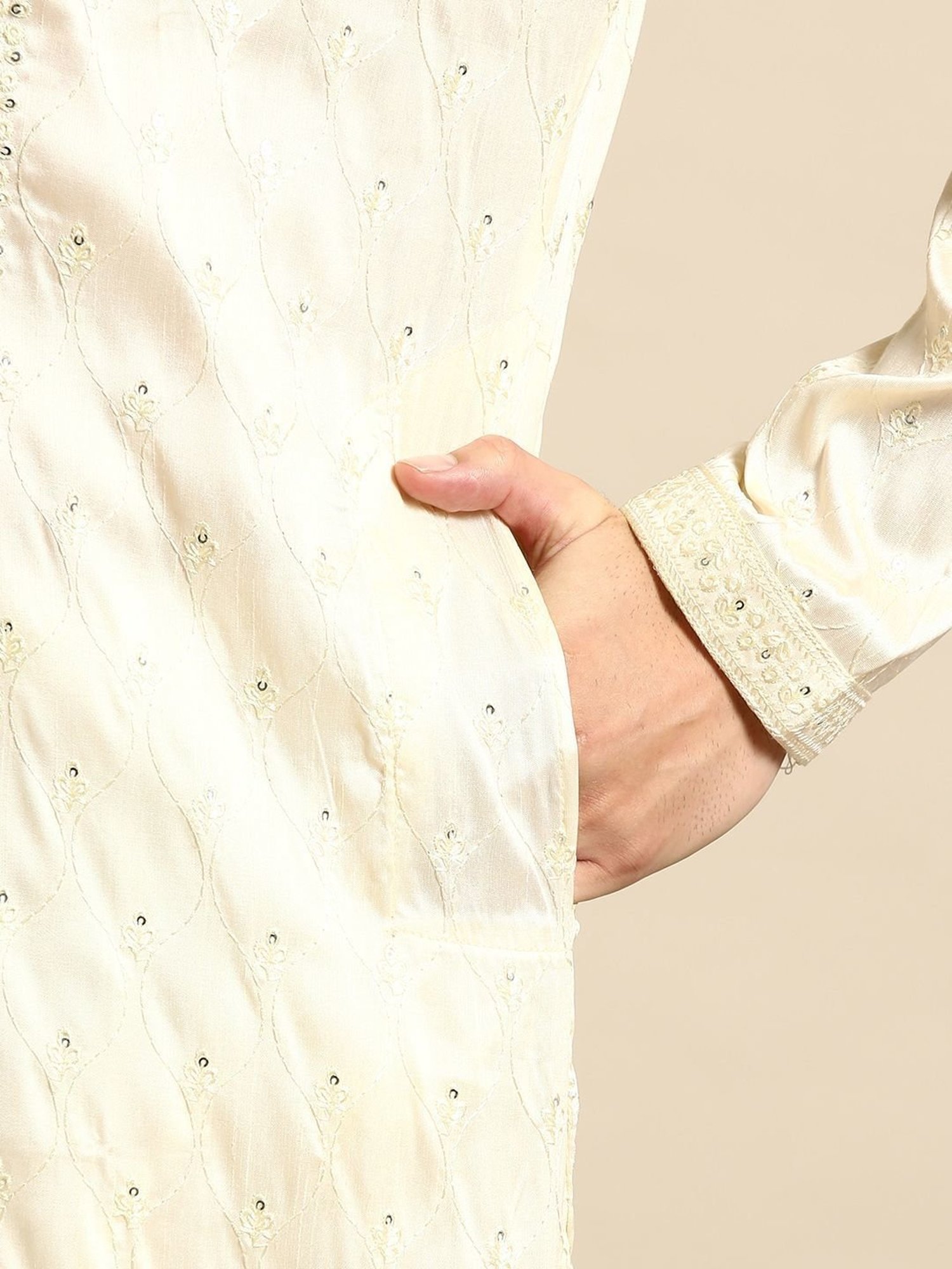 ManQ Cream Regular Fit Embroidered Kurta