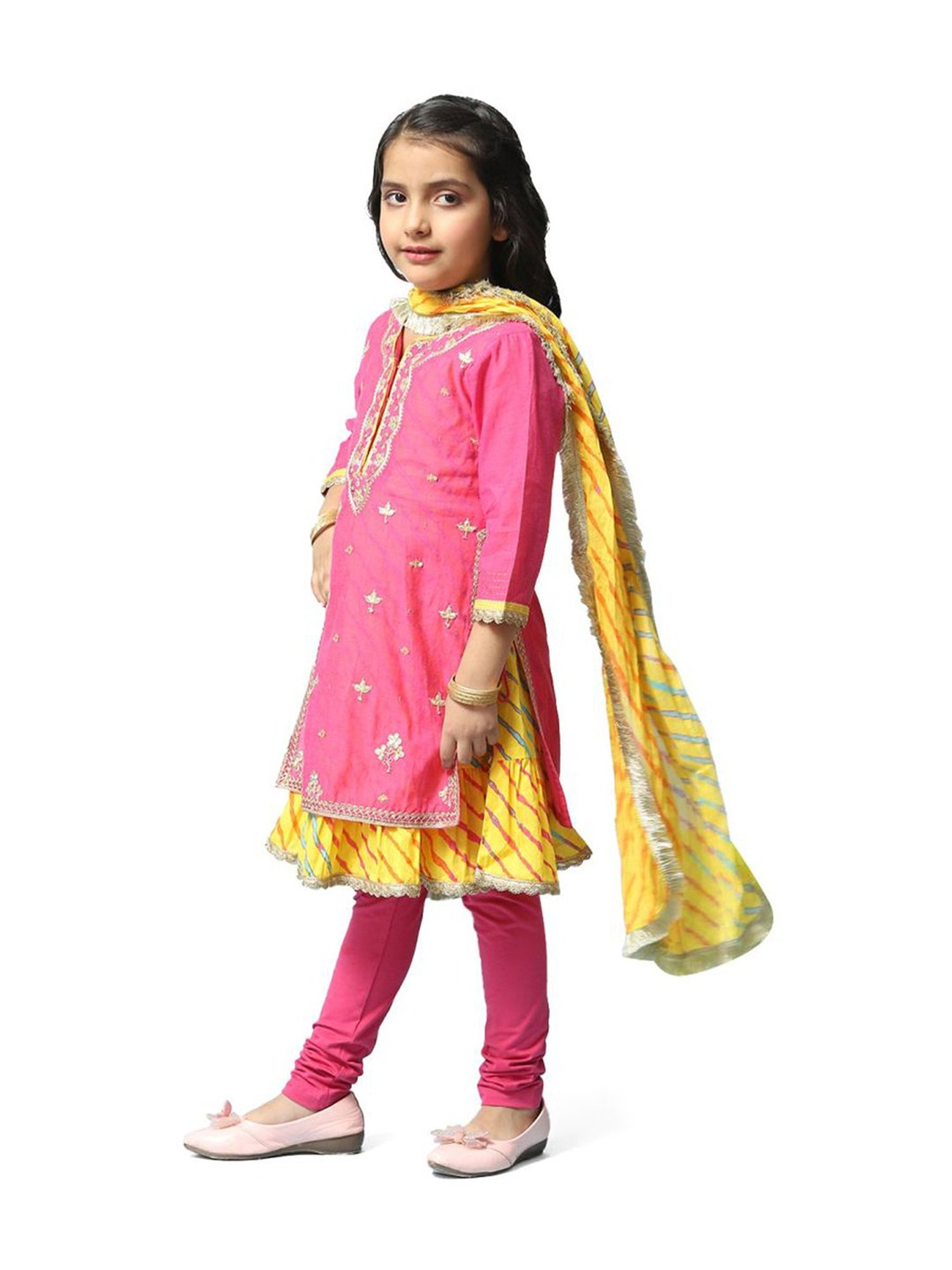 BIBA Girls Pink & Yellow Cotton Embroidered Kurta Set