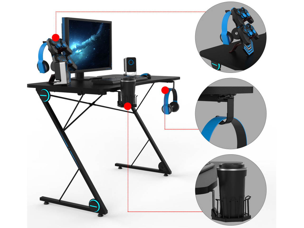 Gaming Desk 47.2" W x 23.6" D Office Computer Table, Black Gamer Workstation with 2 Cable Management Holes