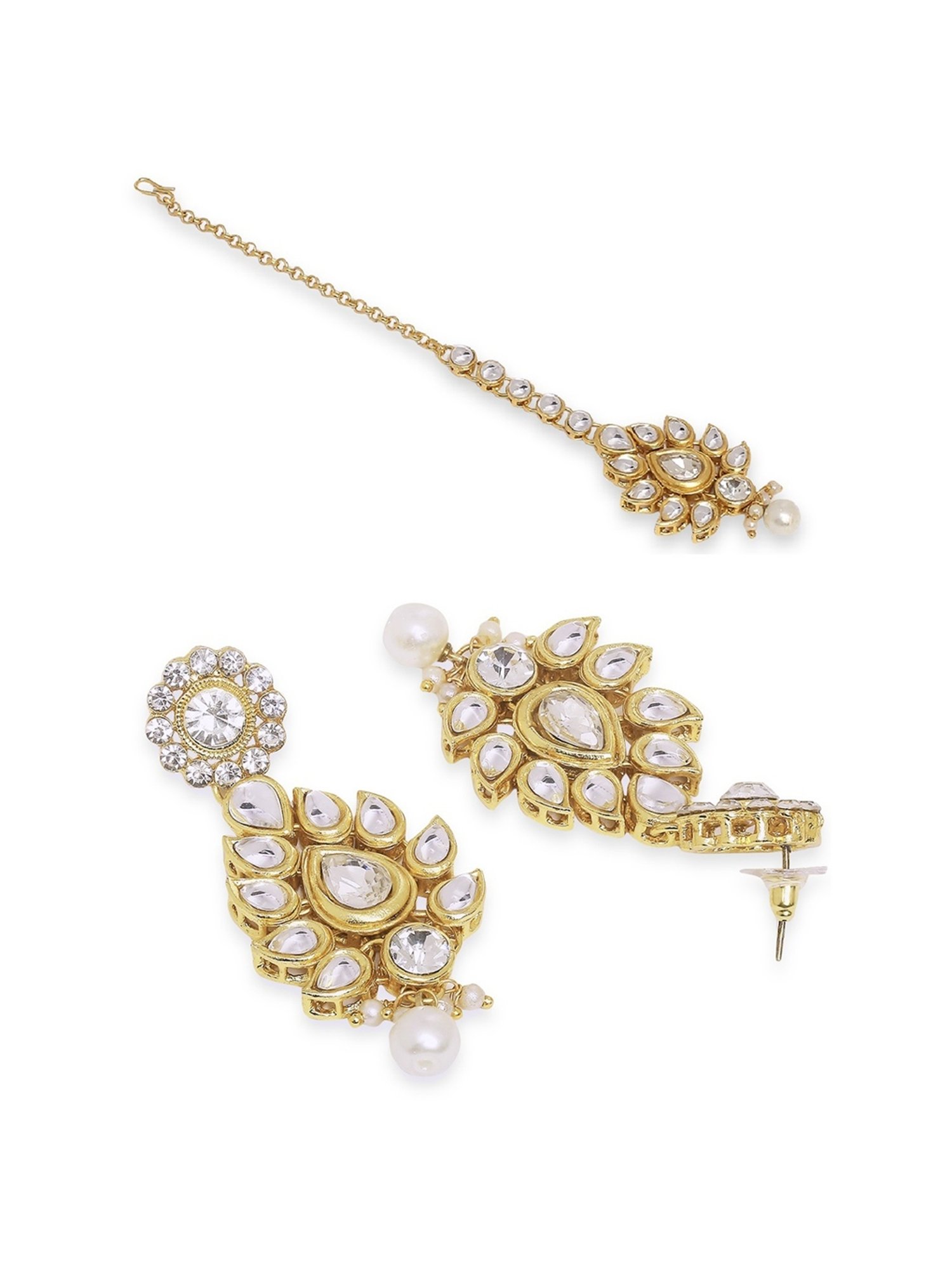 Oomph Gold Tone Kundan & Pearls Jadau Maangtikka with Earrings Set
