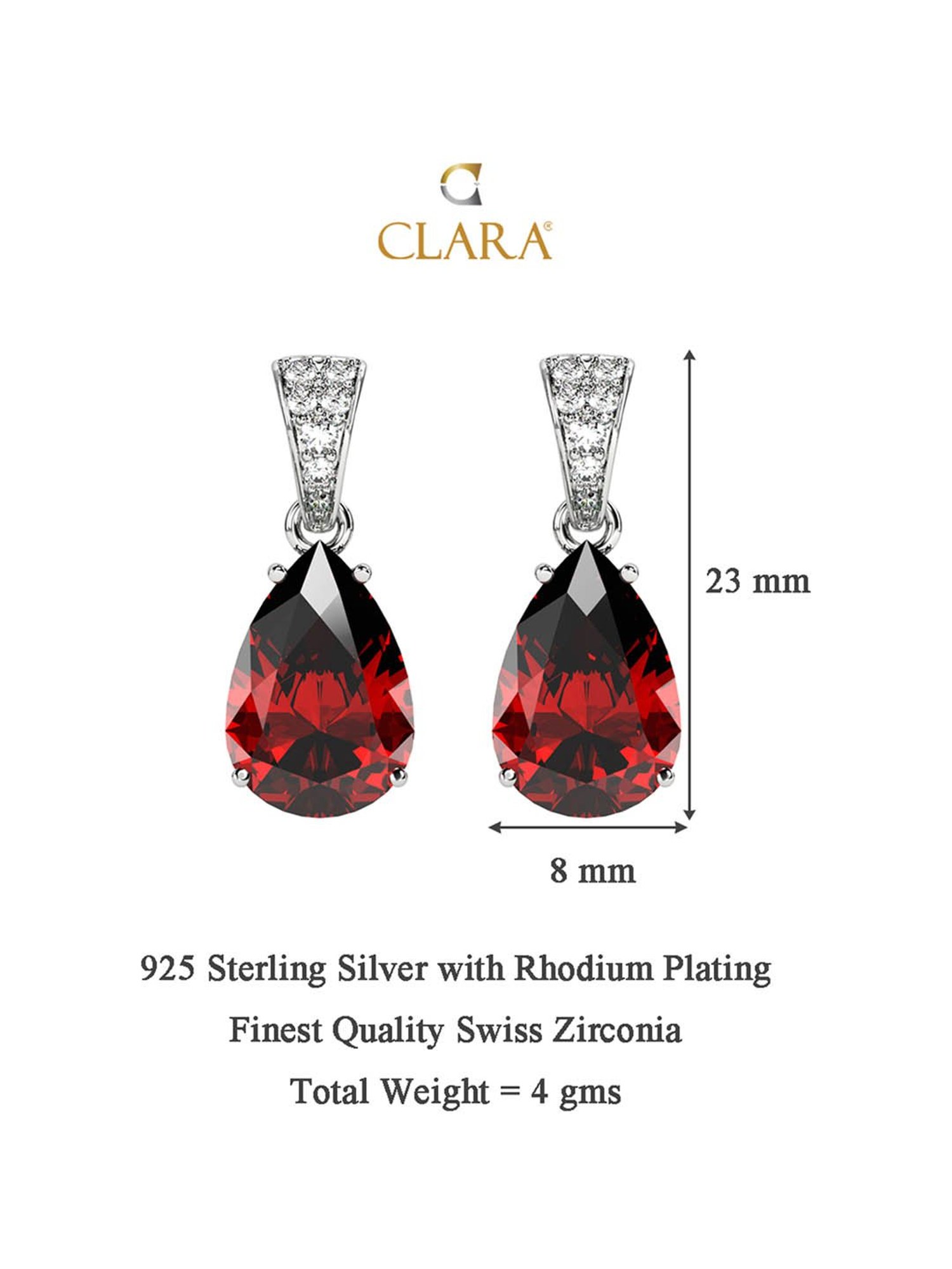 Clara 92.5 Sterling Silver Swiss Zirconia Blood Red Tear Drop Earrings