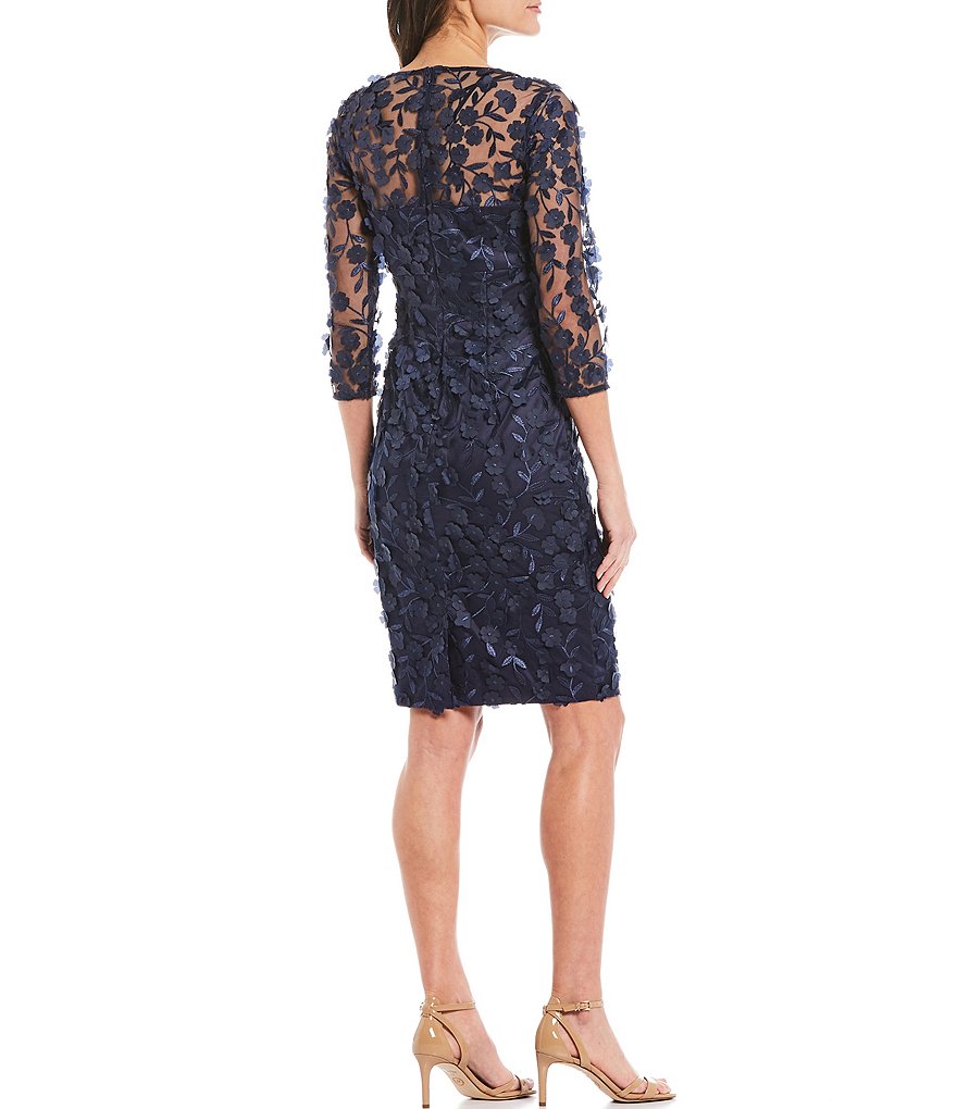 Eliza J 3D V-Neck 3/4 Sheer Sleeve Floral Mesh Sheath Dress