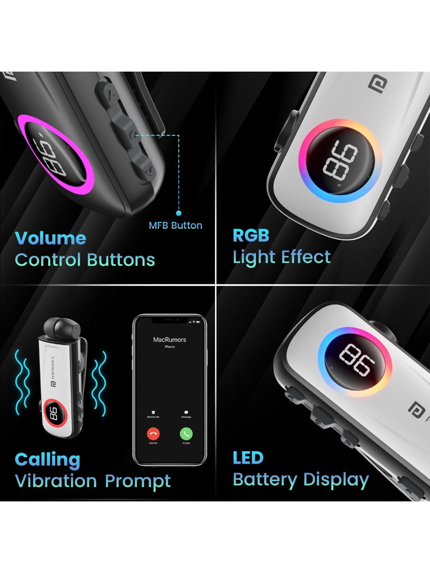 Portronics Harmonics Klip 5 Retractable BT Calling Earphone with Upto 15H Playback (White)