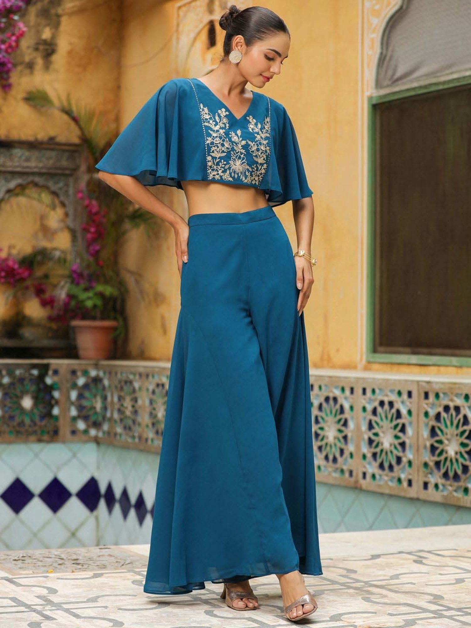 Janasya Teal Blue Embroidered Crop Top Palazzo Set
