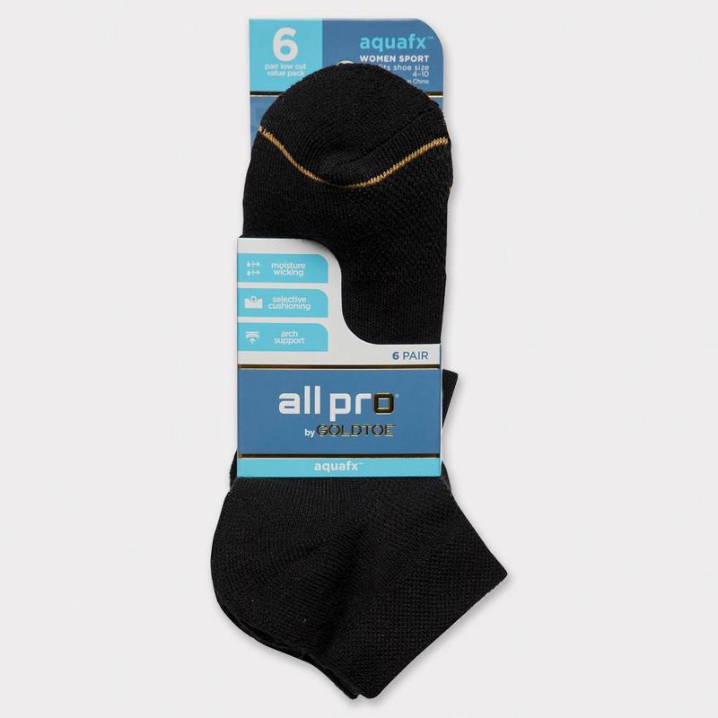 All Pro Women's 6 Pack Aqua Fx Low Cut Athletic Socks - Black 4-10