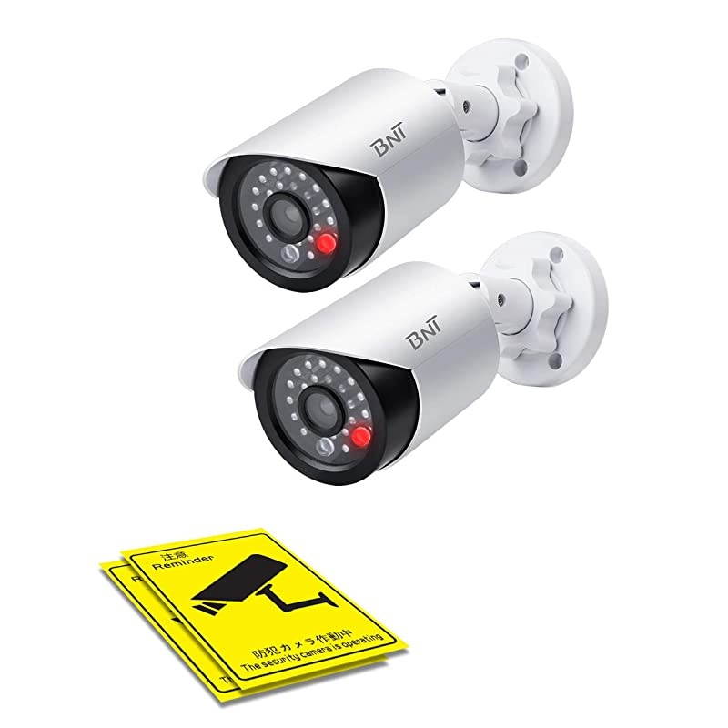 Dummy Fake Security Camera, with One Red LED Light at Night, for Home and Businesses Security Indoor/Outdoor (2 Pack, White)