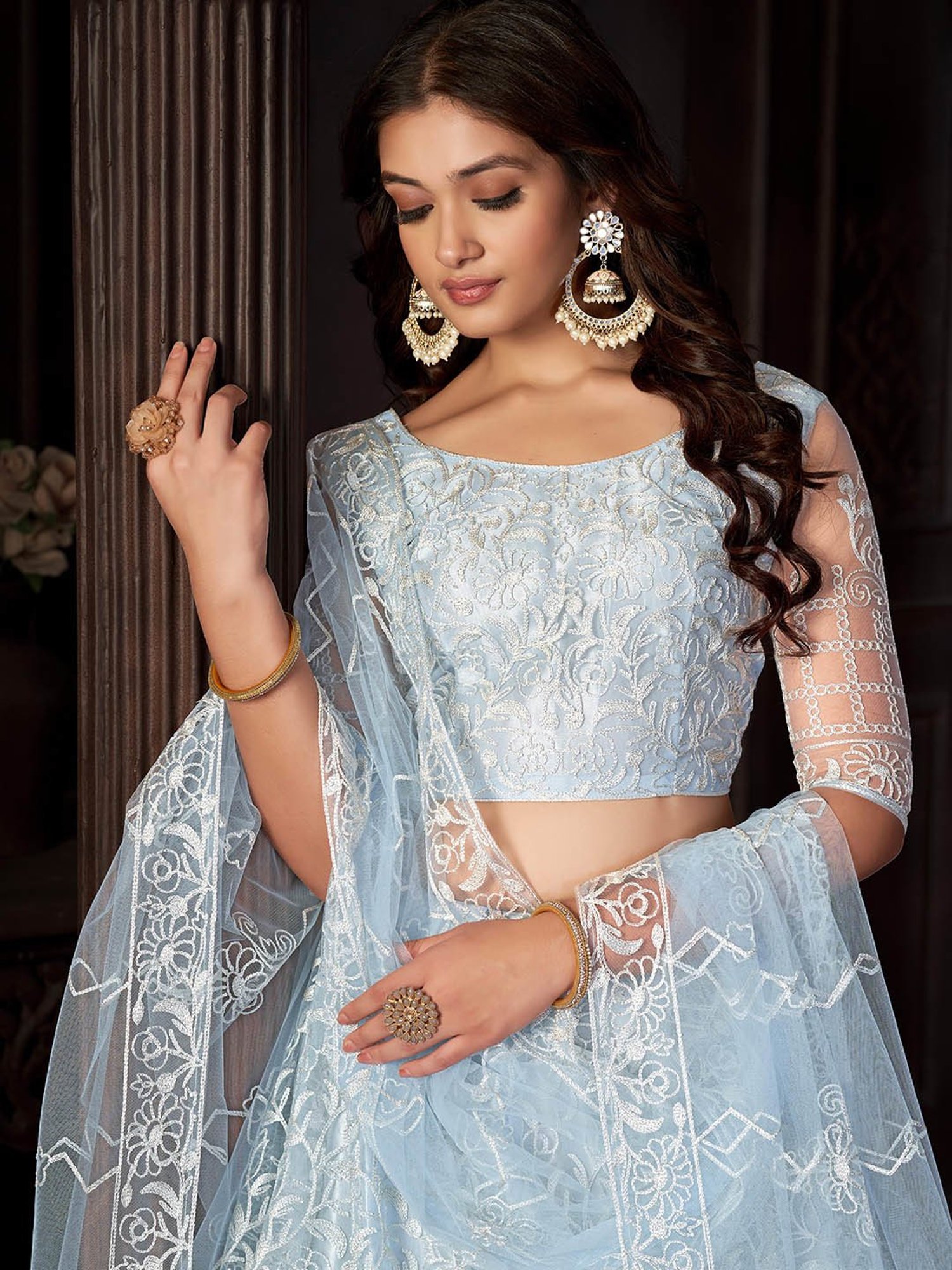 Warthy Ent Sky Blue Embroidered Lehenga Choli Set With Dupatta