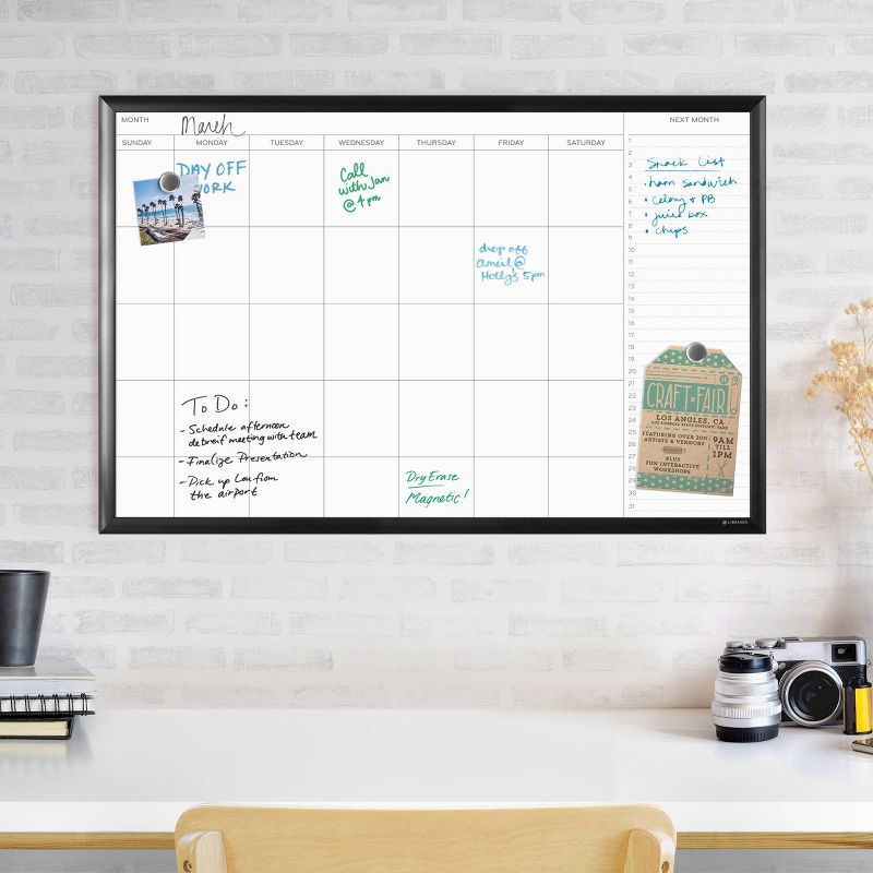 U Brands 36"x24" Magnetic Dry Erase Calendar Board Black Aluminum Frame