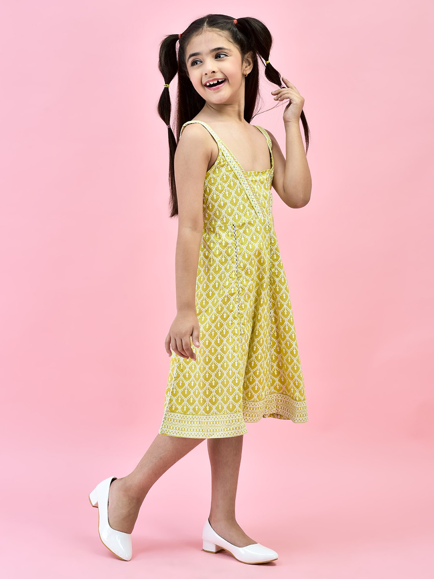 Juniper Girls Green Printed Anarkali Dress