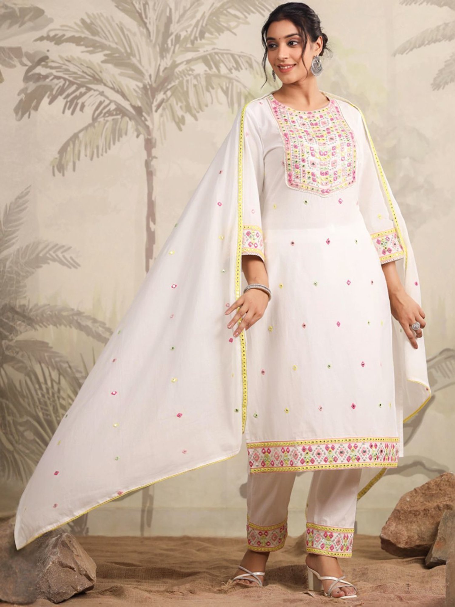 SCAKHI White Cotton Embroidered Kurta Pant Set With Dupatta