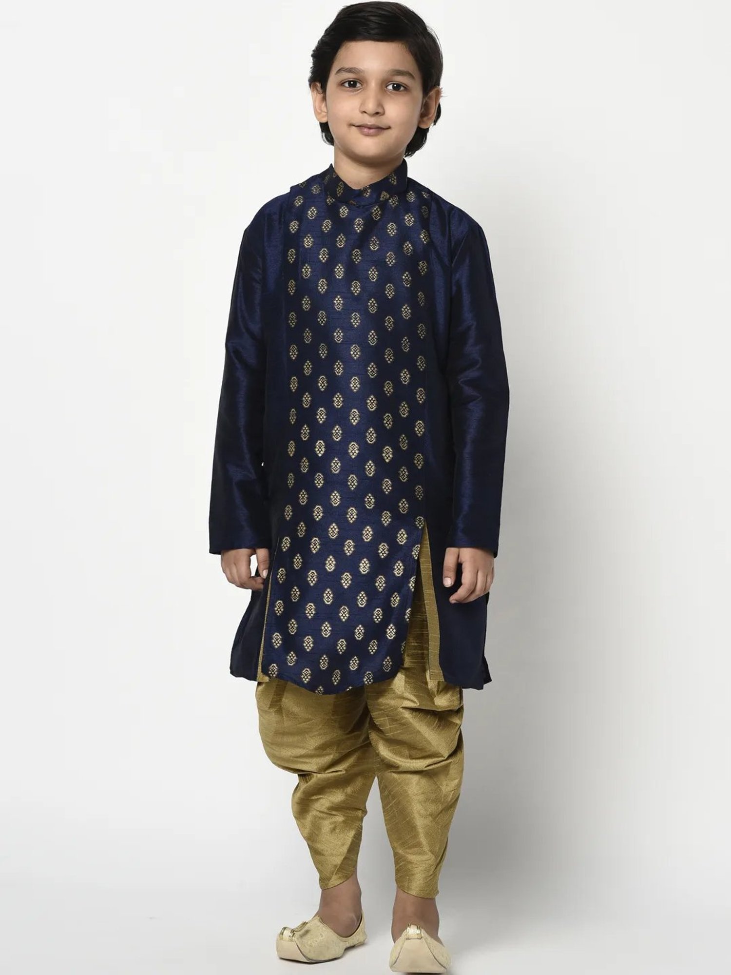 Deyann Kids Navy & Gold Self Design Full Sleeves Kurta with Patiala