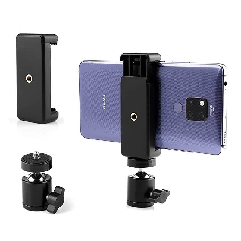 Phone Holder Clip and Ball Head Adapter Set for Tripod and Selfie Stick with 14 Screw Universal Tripod Mount Camera Tripod Ball Head 360 Degree Swivel Phone Tripod Mount Set