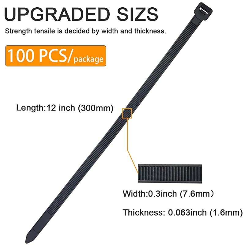 500 Pack Zip Ties Assorted Sizes, ALL Thickened Width 0.19 inch 50 pound Wire Tie Wraps,  Black Plastic Nylon Cable Tie, UV & Heat Resistant Indoor Outdoor Multi-purpose 4-6-8-10-12 Inch